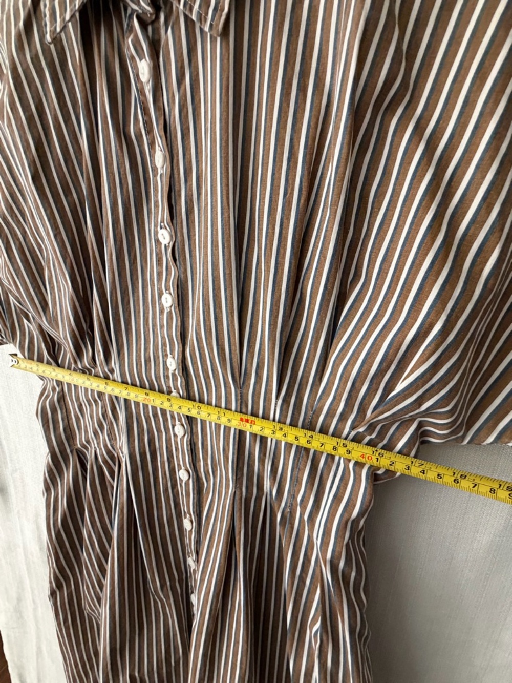 Striped Cotton Shirt Dress Brown Blue White Button Front Size S(A527) - Picture 4 of 13